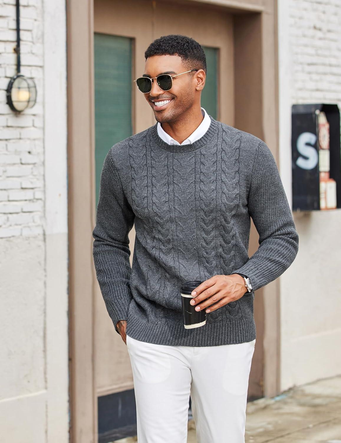 imageCOOFANDY Mens Cable Knit Sweater Casual Long Leeve Crewneck Pullover Sweaters Twist Textured Fisherman SweaterDark Grey