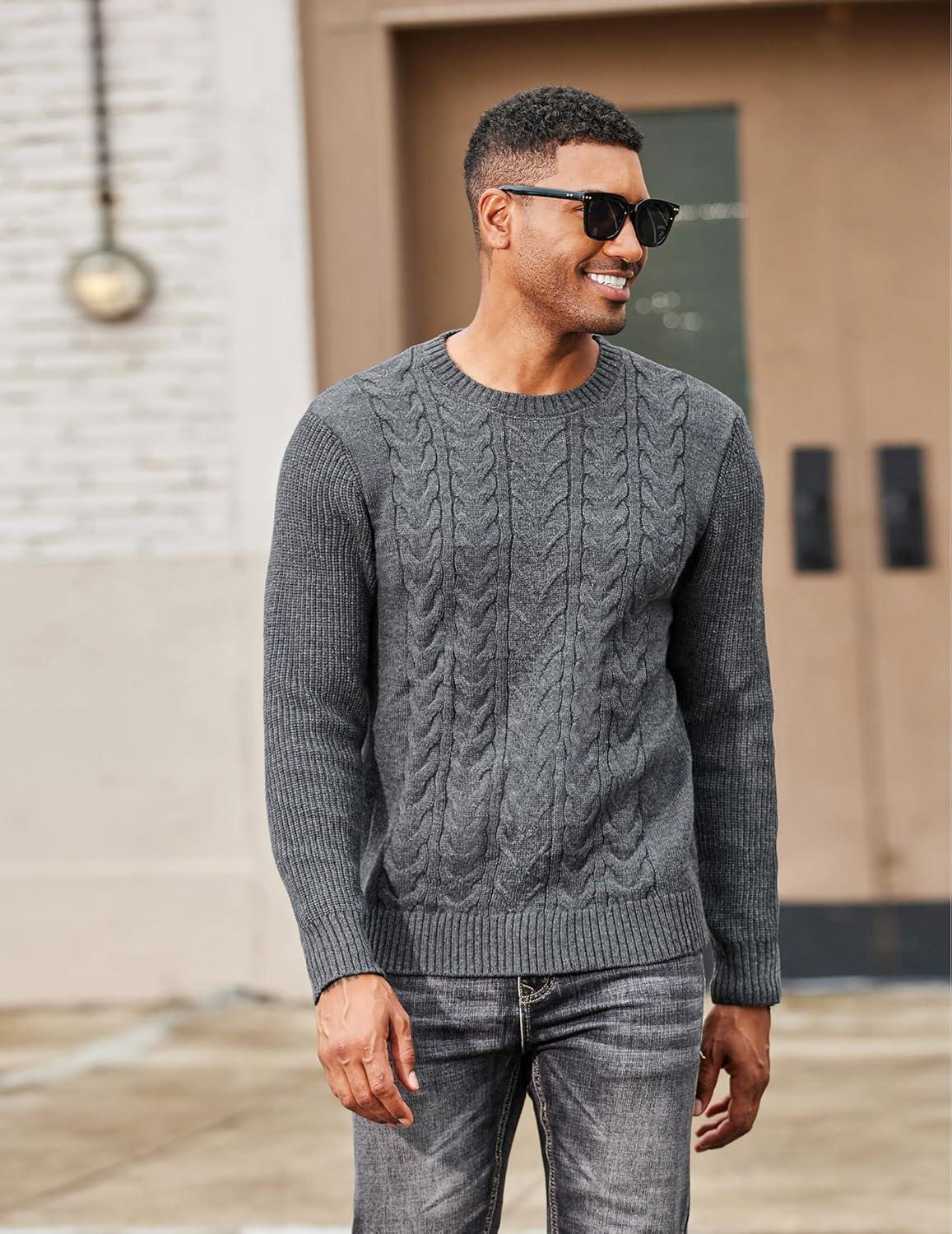 imageCOOFANDY Mens Cable Knit Sweater Casual Long Leeve Crewneck Pullover Sweaters Twist Textured Fisherman SweaterDark Grey