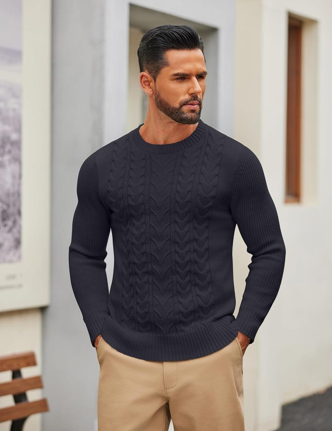 imageCOOFANDY Mens Cable Knit Sweater Casual Long Leeve Crewneck Pullover Sweaters Twist Textured Fisherman SweaterNavy Blue