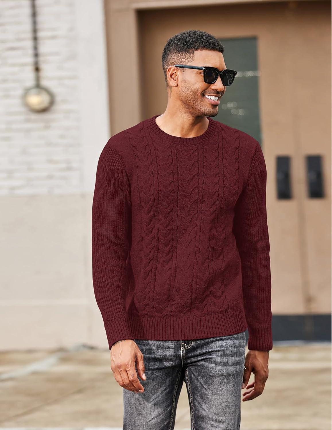 imageCOOFANDY Mens Cable Knit Sweater Casual Long Leeve Crewneck Pullover Sweaters Twist Textured Fisherman SweaterWine Red
