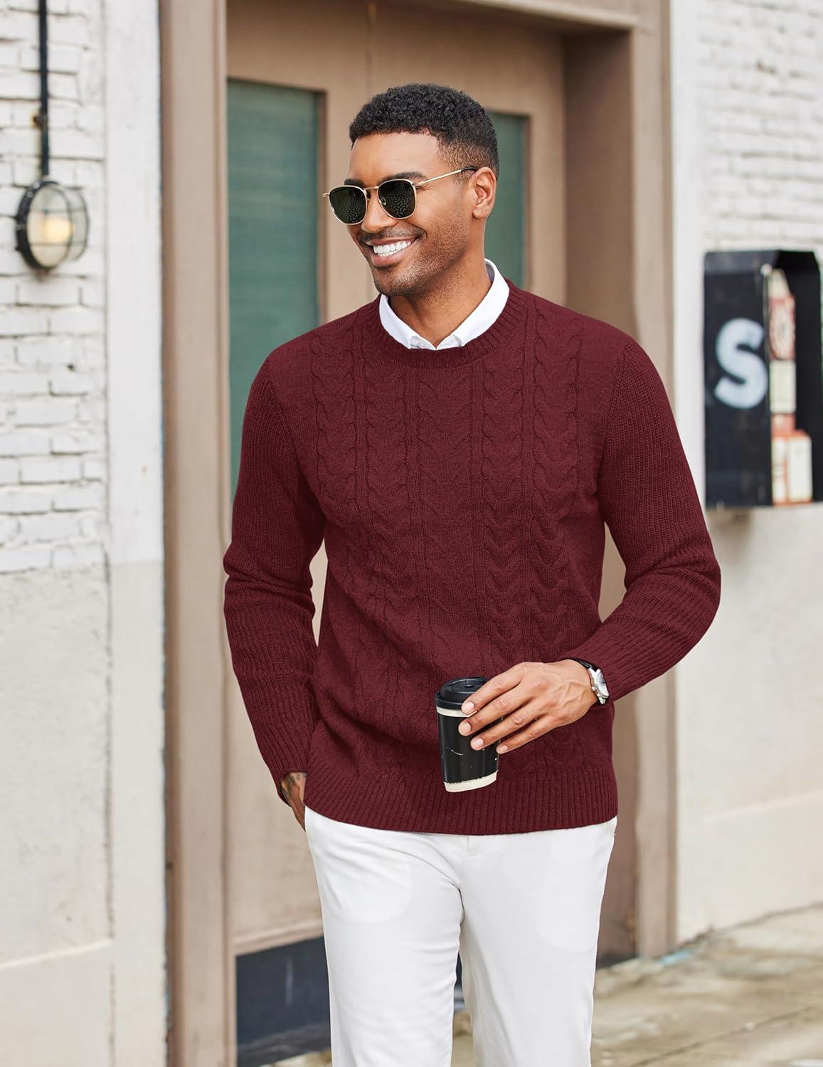 imageCOOFANDY Mens Cable Knit Sweater Casual Long Leeve Crewneck Pullover Sweaters Twist Textured Fisherman SweaterWine Red