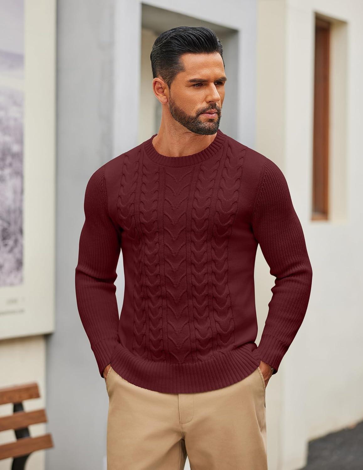 imageCOOFANDY Mens Cable Knit Sweater Casual Long Leeve Crewneck Pullover Sweaters Twist Textured Fisherman SweaterWine Red