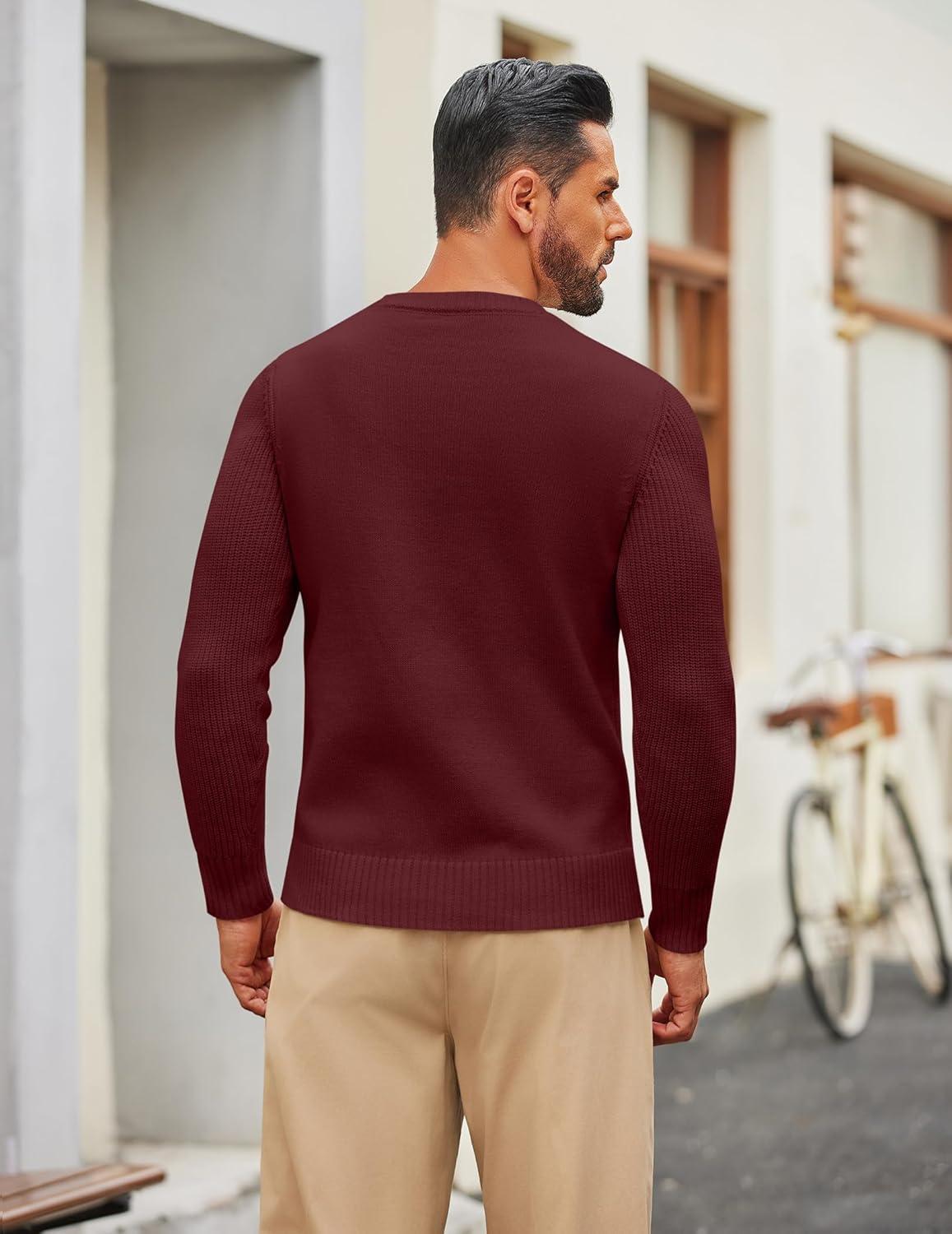 imageCOOFANDY Mens Cable Knit Sweater Casual Long Leeve Crewneck Pullover Sweaters Twist Textured Fisherman SweaterWine Red