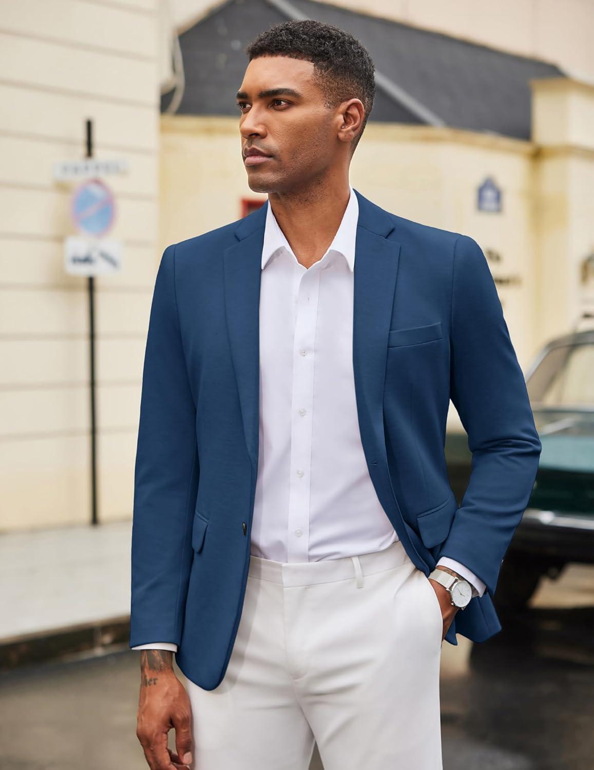 imageCOOFANDY Mens Casual Blazer Knit Sport Coat Lightweight Two Button Suit JacketDark Blue
