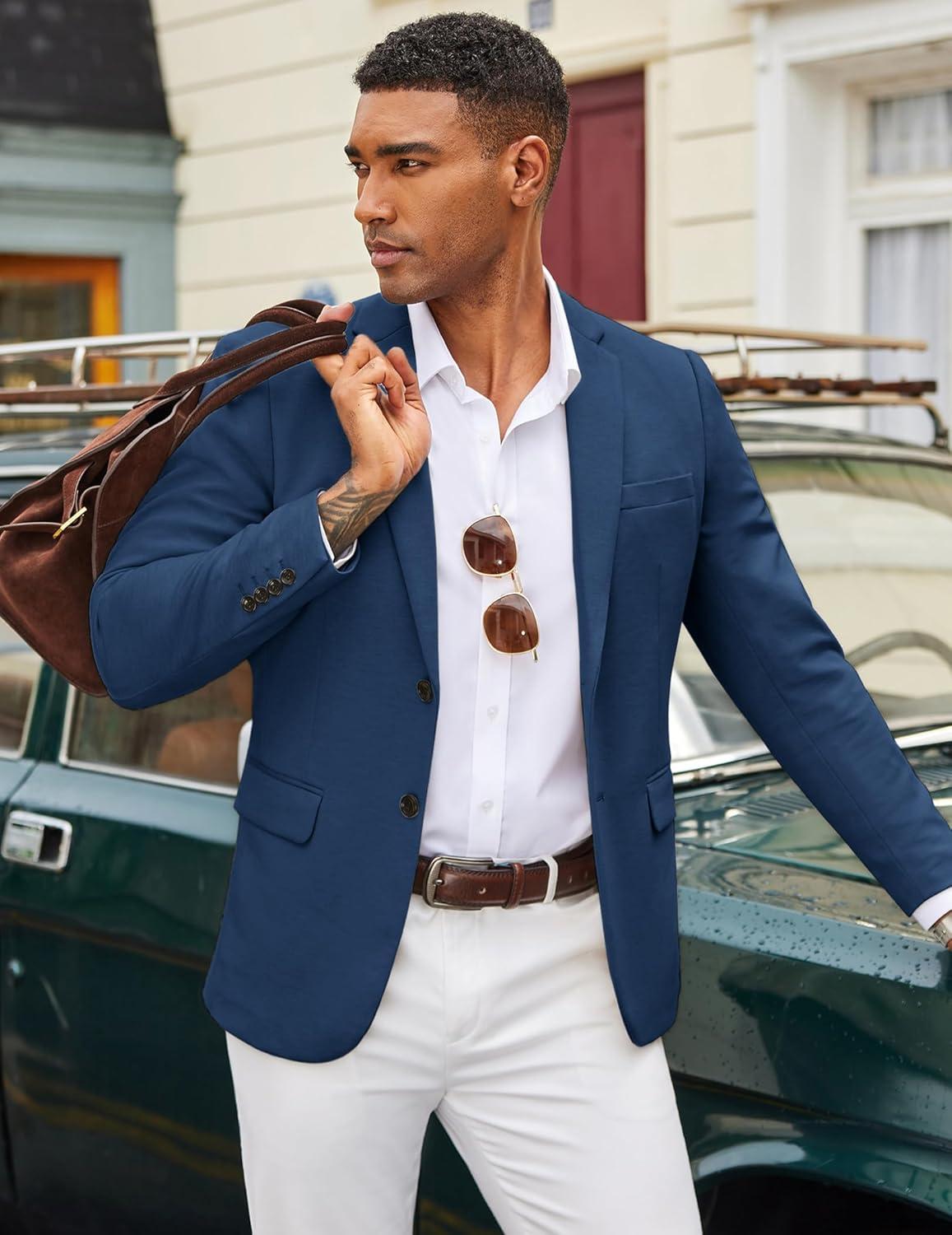 imageCOOFANDY Mens Casual Blazer Knit Sport Coat Lightweight Two Button Suit JacketDark Blue