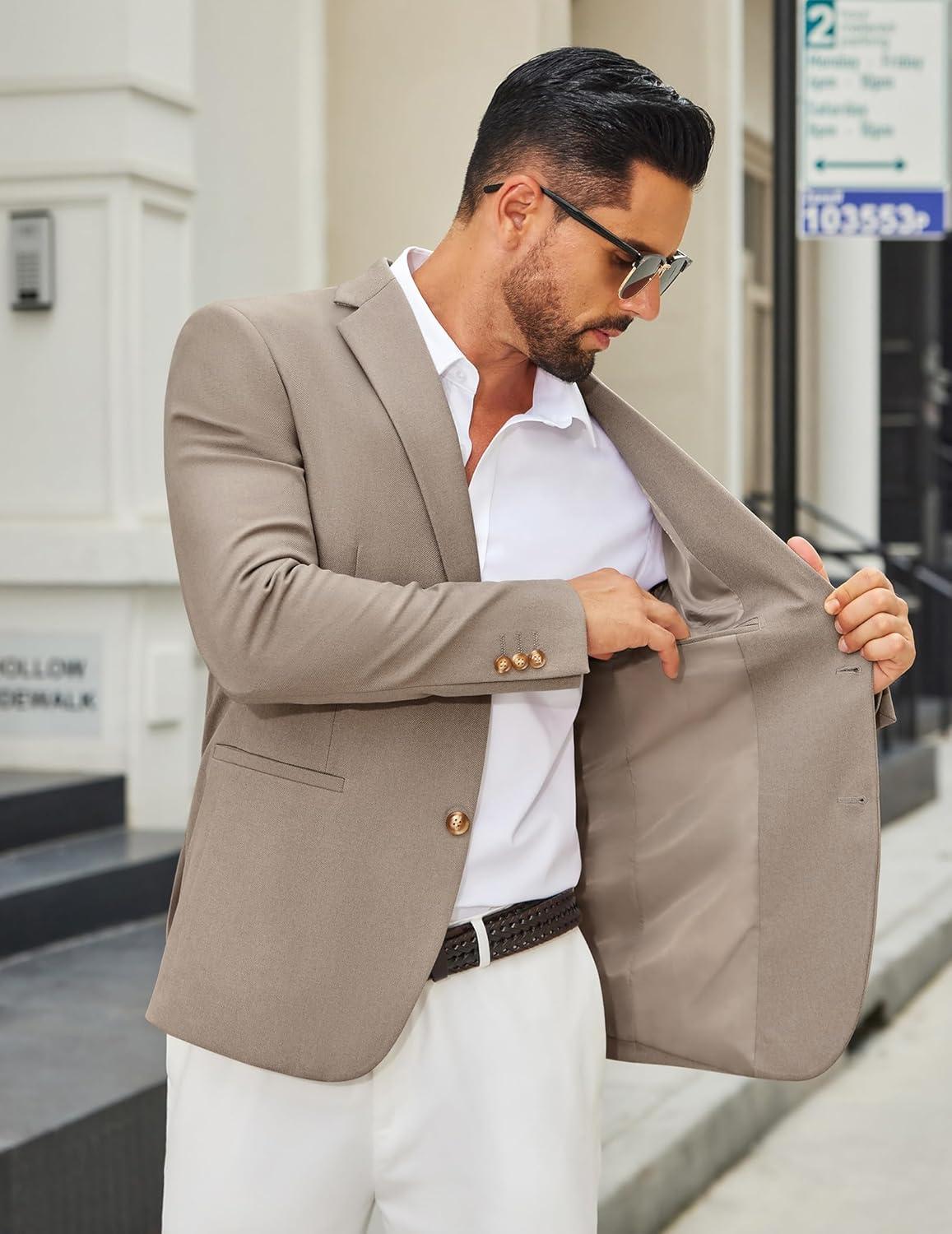 imageCOOFANDY Mens Casual Blazer Slim Fit Two Buttons Sport Coat Lightweight Suit JacketKhaki