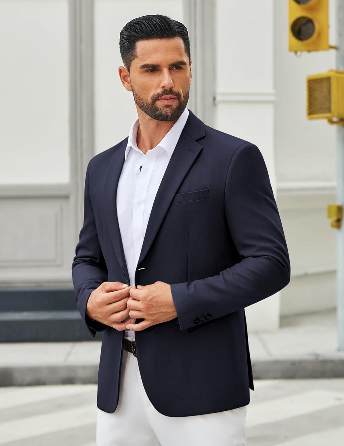 imageCOOFANDY Mens Casual Blazer Slim Fit Two Buttons Sport Coat Lightweight Suit JacketNavy Blue