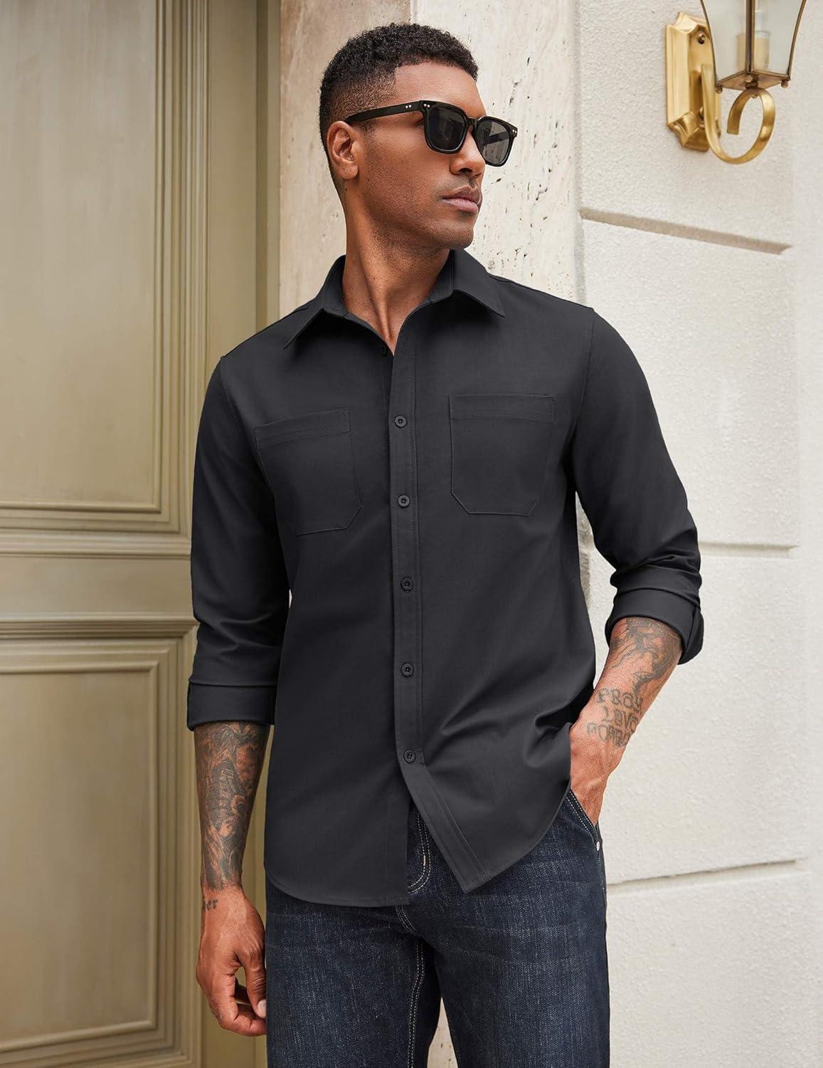 imageCOOFANDY Mens Casual Button Down Work Shirts Untucked Long Sleeve Woven Shirt with PocketsBlack