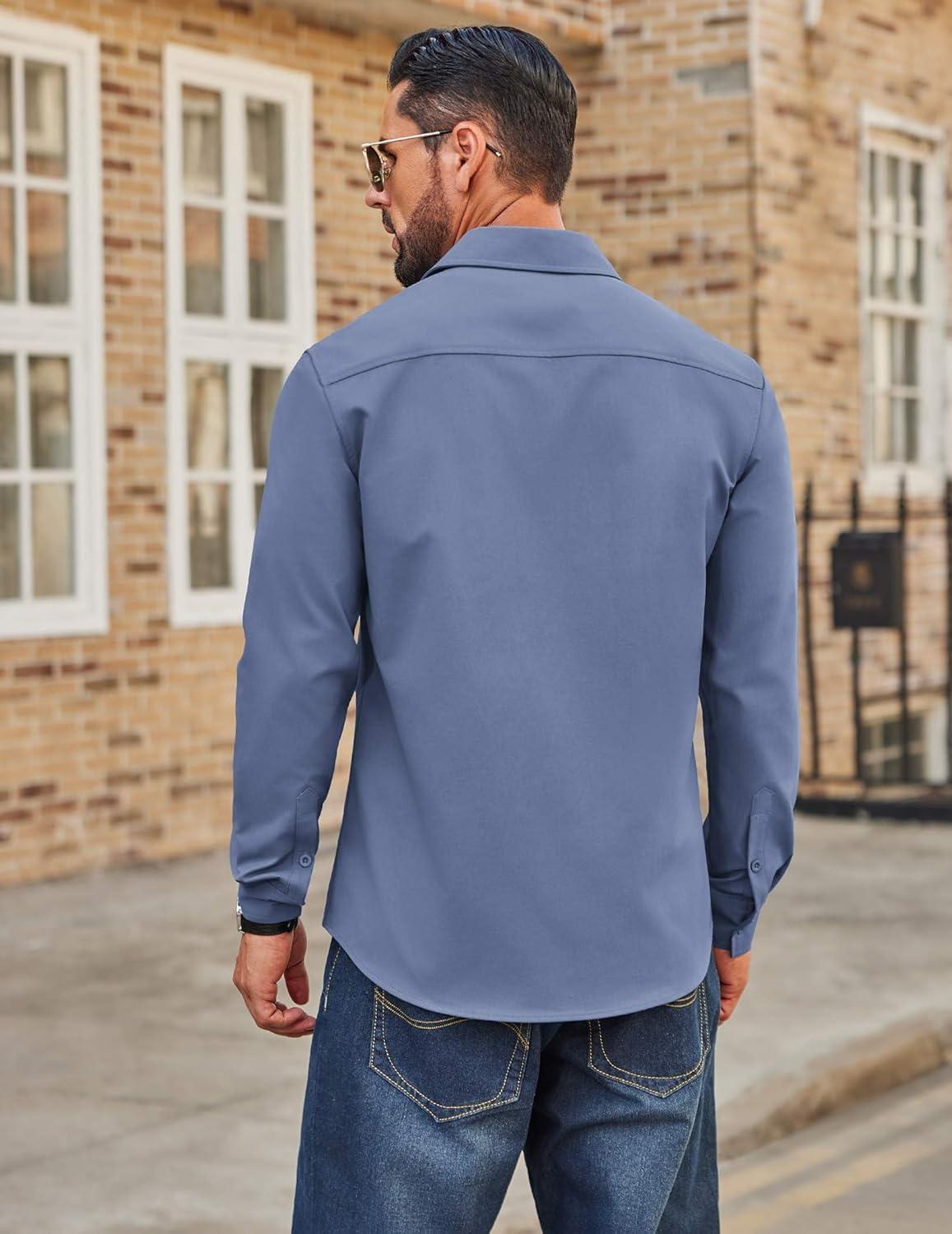 imageCOOFANDY Mens Casual Button Down Work Shirts Untucked Long Sleeve Woven Shirt with PocketsBlue