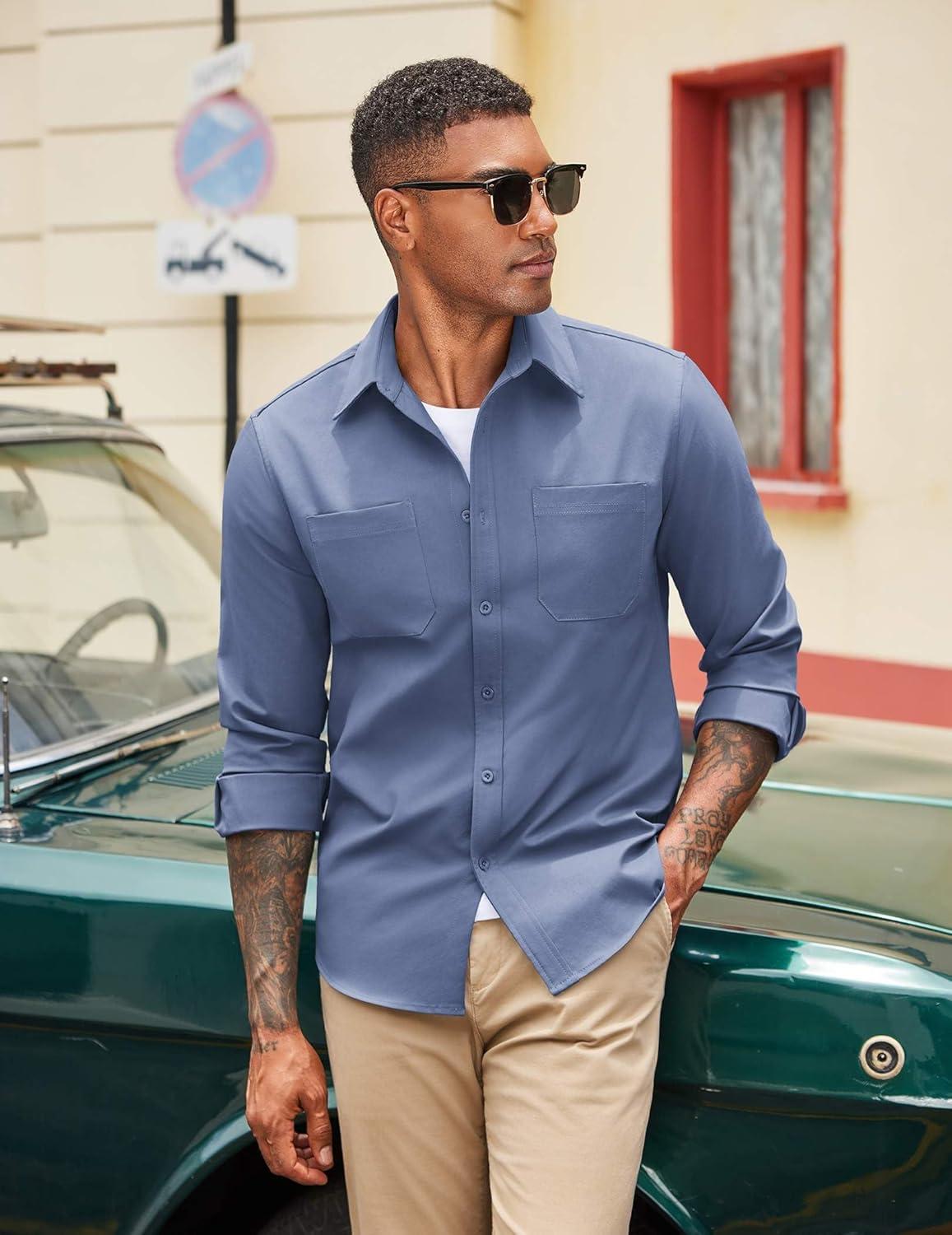 imageCOOFANDY Mens Casual Button Down Work Shirts Untucked Long Sleeve Woven Shirt with PocketsBlue