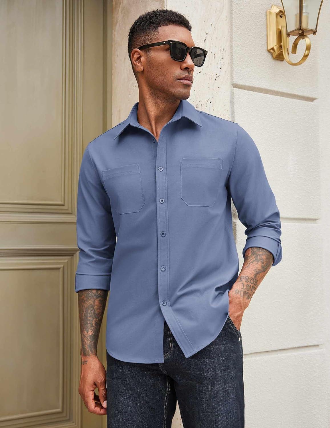 imageCOOFANDY Mens Casual Button Down Work Shirts Untucked Long Sleeve Woven Shirt with PocketsBlue