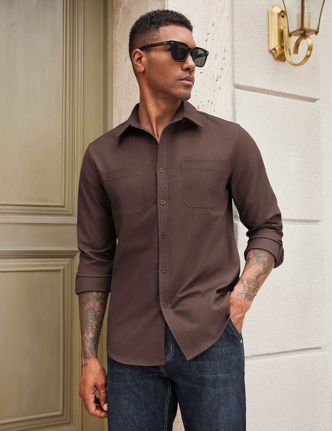 imageCOOFANDY Mens Casual Button Down Work Shirts Untucked Long Sleeve Woven Shirt with PocketsBrown