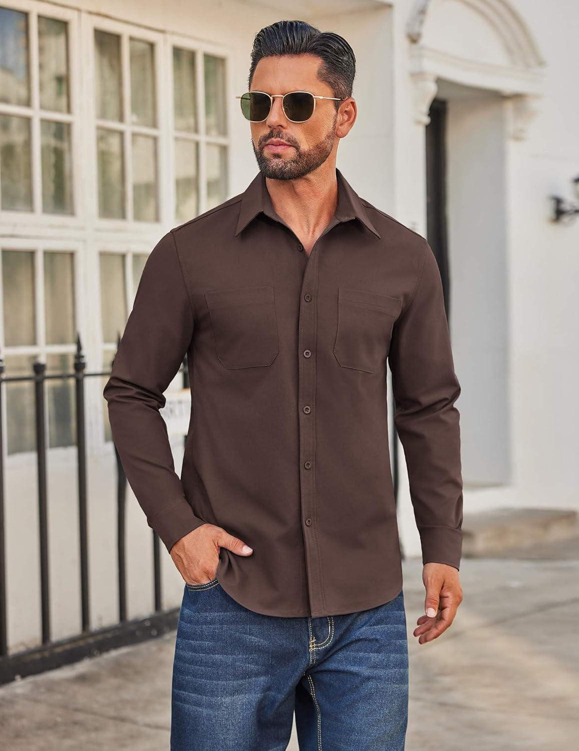 imageCOOFANDY Mens Casual Button Down Work Shirts Untucked Long Sleeve Woven Shirt with PocketsBrown