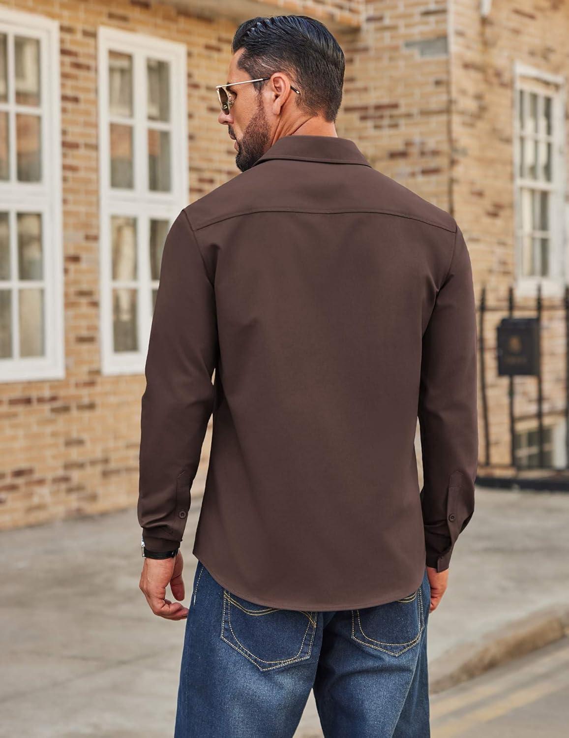 imageCOOFANDY Mens Casual Button Down Work Shirts Untucked Long Sleeve Woven Shirt with PocketsBrown