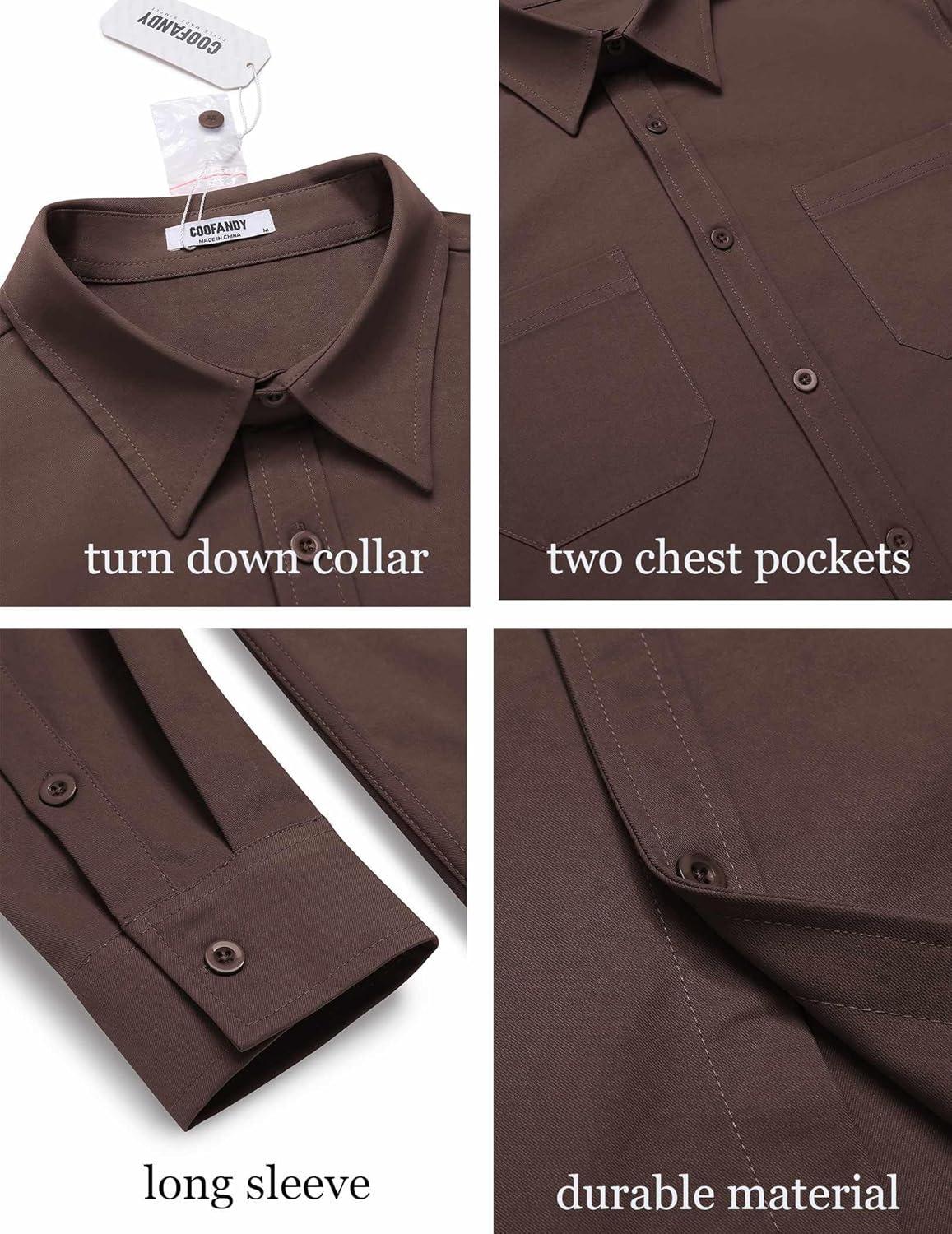 imageCOOFANDY Mens Casual Button Down Work Shirts Untucked Long Sleeve Woven Shirt with PocketsBrown