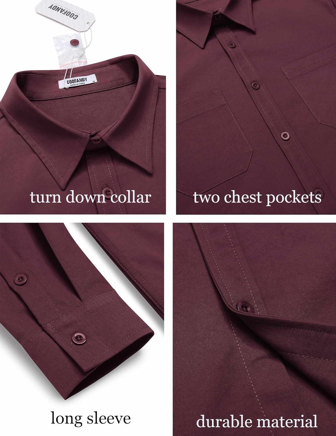 imageCOOFANDY Mens Casual Button Down Work Shirts Untucked Long Sleeve Woven Shirt with PocketsBurgundy