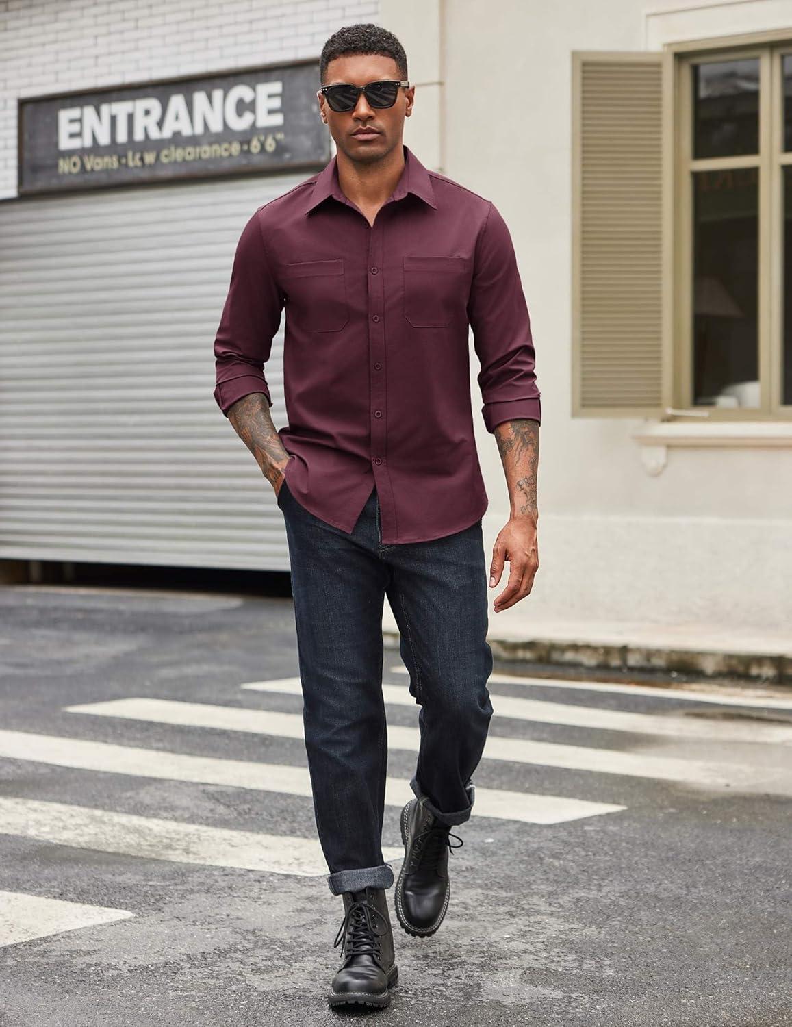 imageCOOFANDY Mens Casual Button Down Work Shirts Untucked Long Sleeve Woven Shirt with PocketsBurgundy