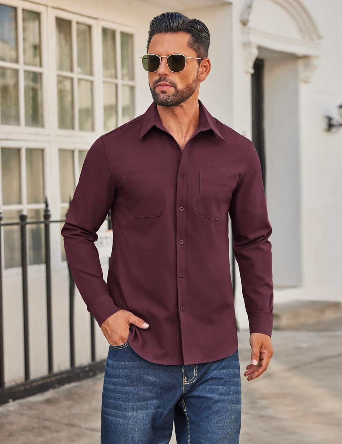 imageCOOFANDY Mens Casual Button Down Work Shirts Untucked Long Sleeve Woven Shirt with PocketsBurgundy