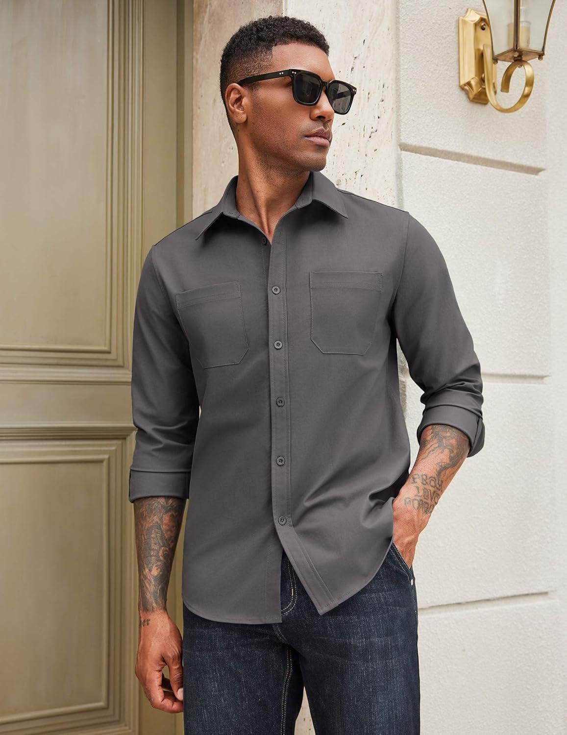 imageCOOFANDY Mens Casual Button Down Work Shirts Untucked Long Sleeve Woven Shirt with PocketsDark Grey