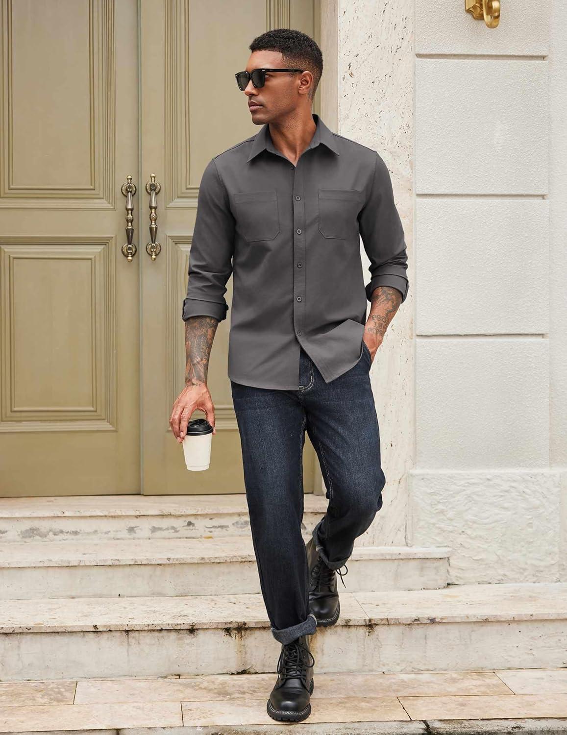 imageCOOFANDY Mens Casual Button Down Work Shirts Untucked Long Sleeve Woven Shirt with PocketsDark Grey