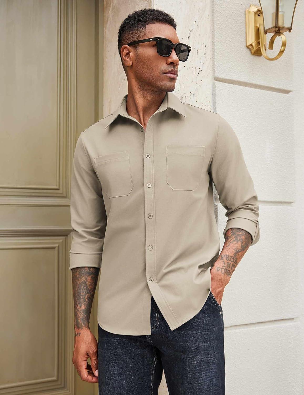 imageCOOFANDY Mens Casual Button Down Work Shirts Untucked Long Sleeve Woven Shirt with PocketsElmwood Heather