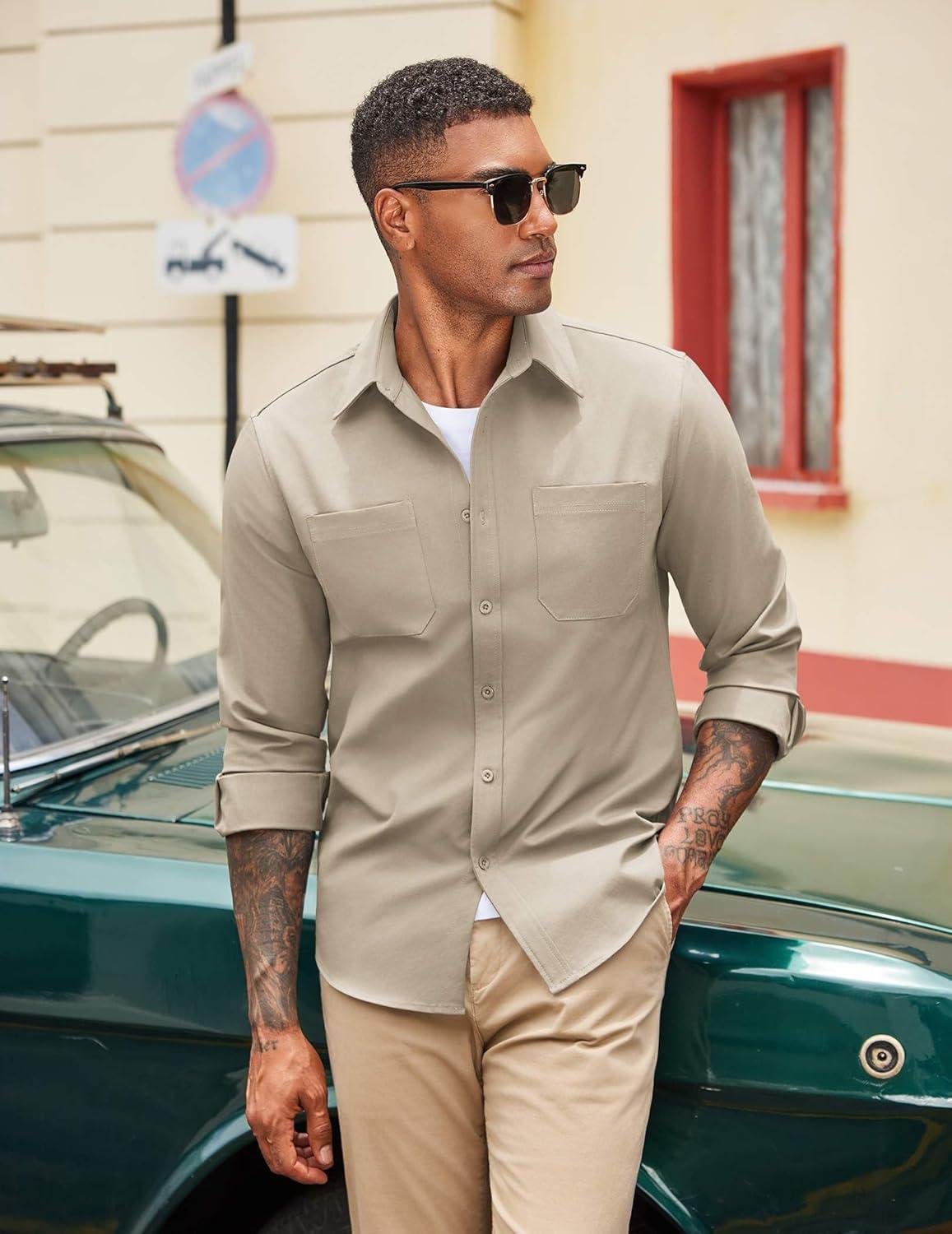 imageCOOFANDY Mens Casual Button Down Work Shirts Untucked Long Sleeve Woven Shirt with PocketsElmwood Heather