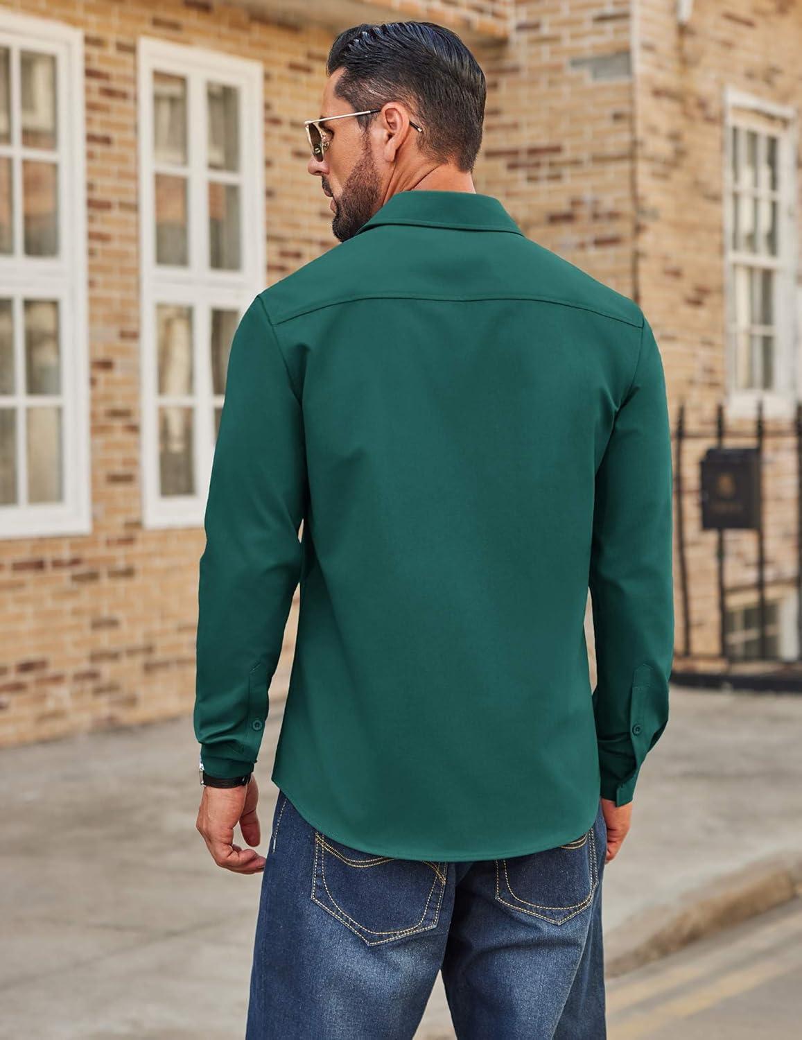 imageCOOFANDY Mens Casual Button Down Work Shirts Untucked Long Sleeve Woven Shirt with PocketsGreen