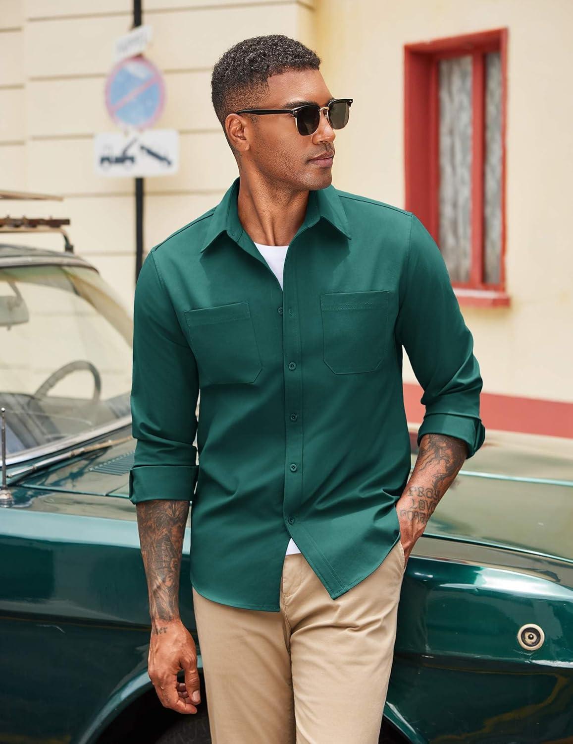 imageCOOFANDY Mens Casual Button Down Work Shirts Untucked Long Sleeve Woven Shirt with PocketsGreen