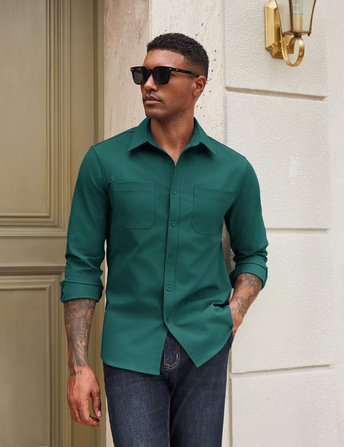 imageCOOFANDY Mens Casual Button Down Work Shirts Untucked Long Sleeve Woven Shirt with PocketsGreen