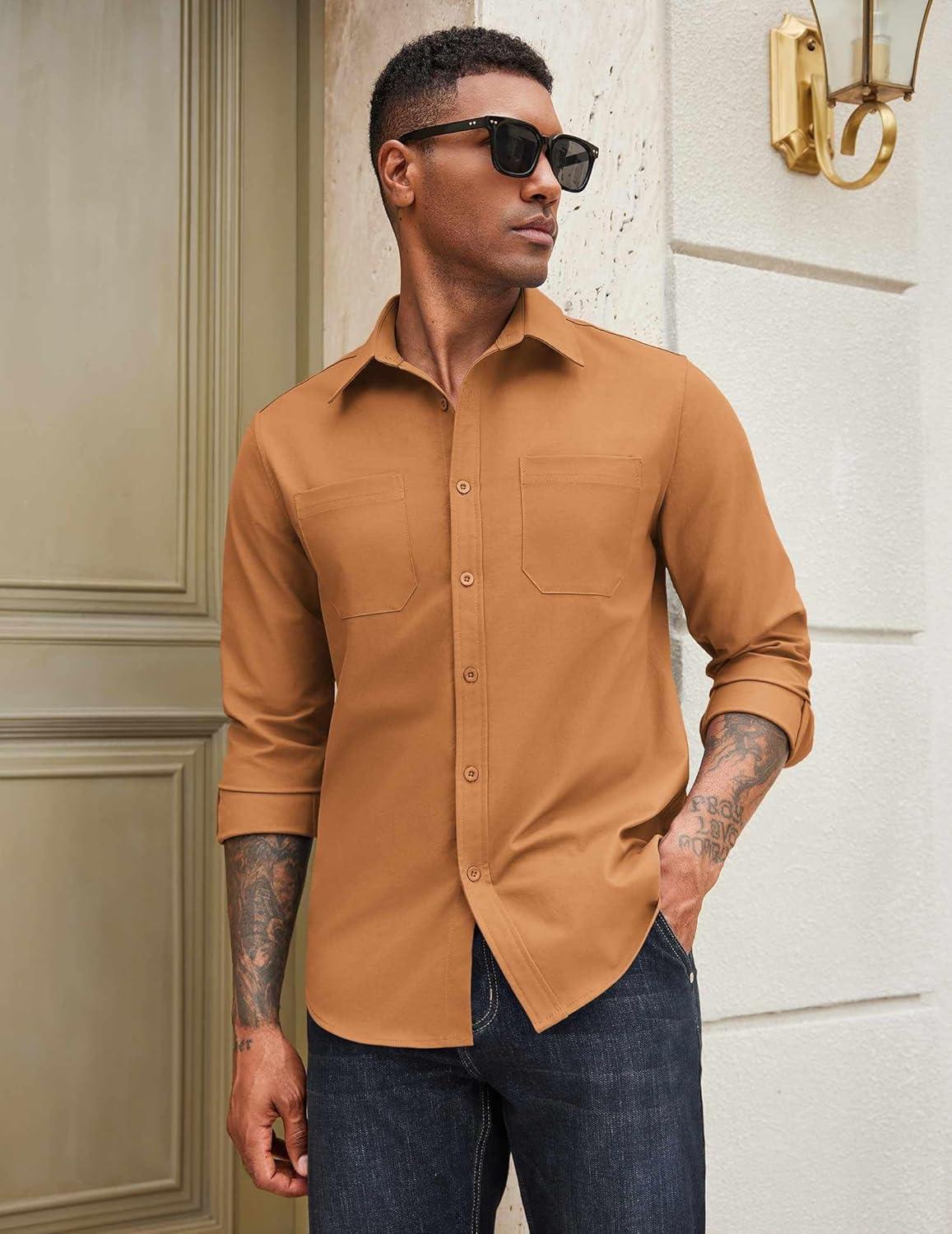 imageCOOFANDY Mens Casual Button Down Work Shirts Untucked Long Sleeve Woven Shirt with PocketsLight Brown