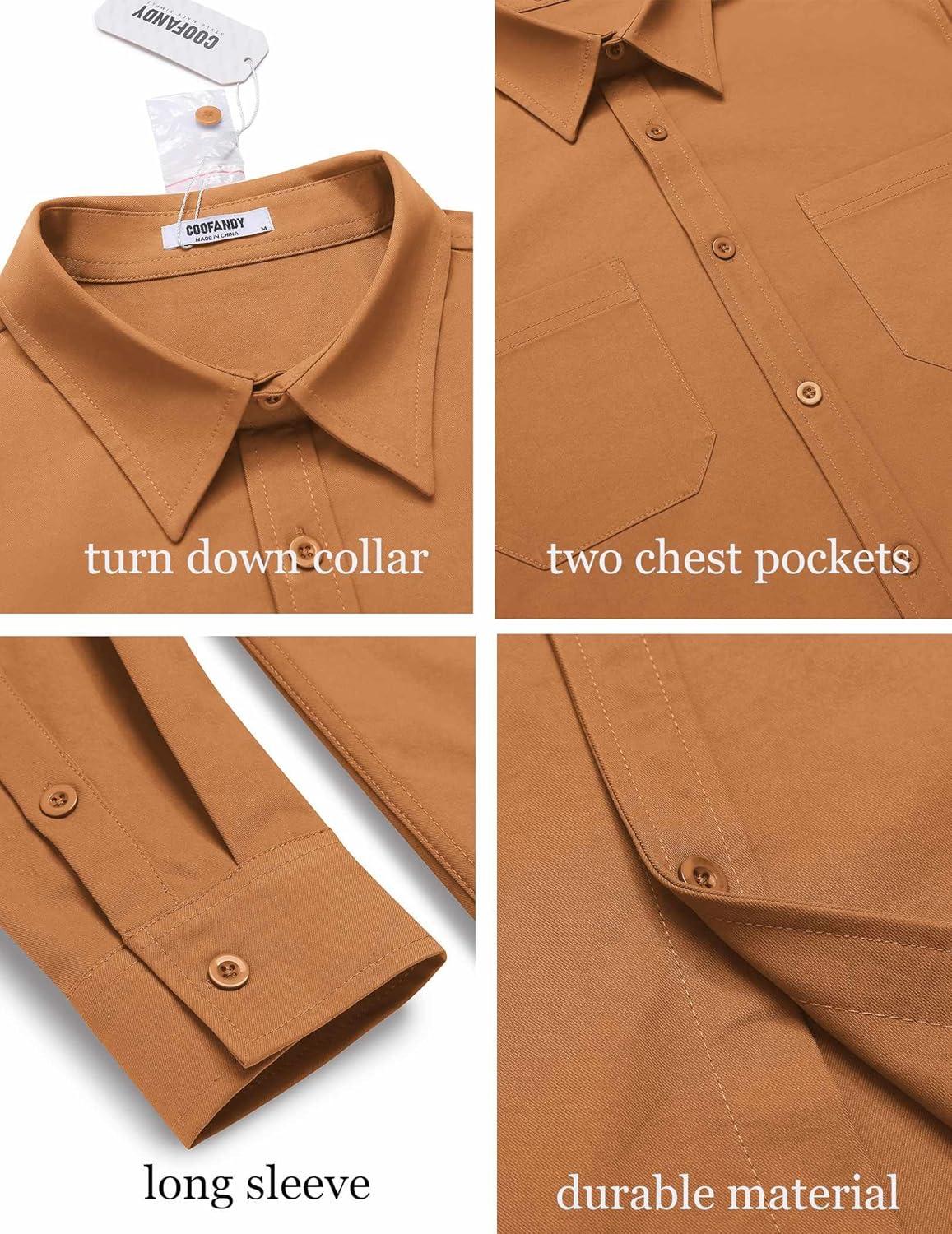 imageCOOFANDY Mens Casual Button Down Work Shirts Untucked Long Sleeve Woven Shirt with PocketsLight Brown