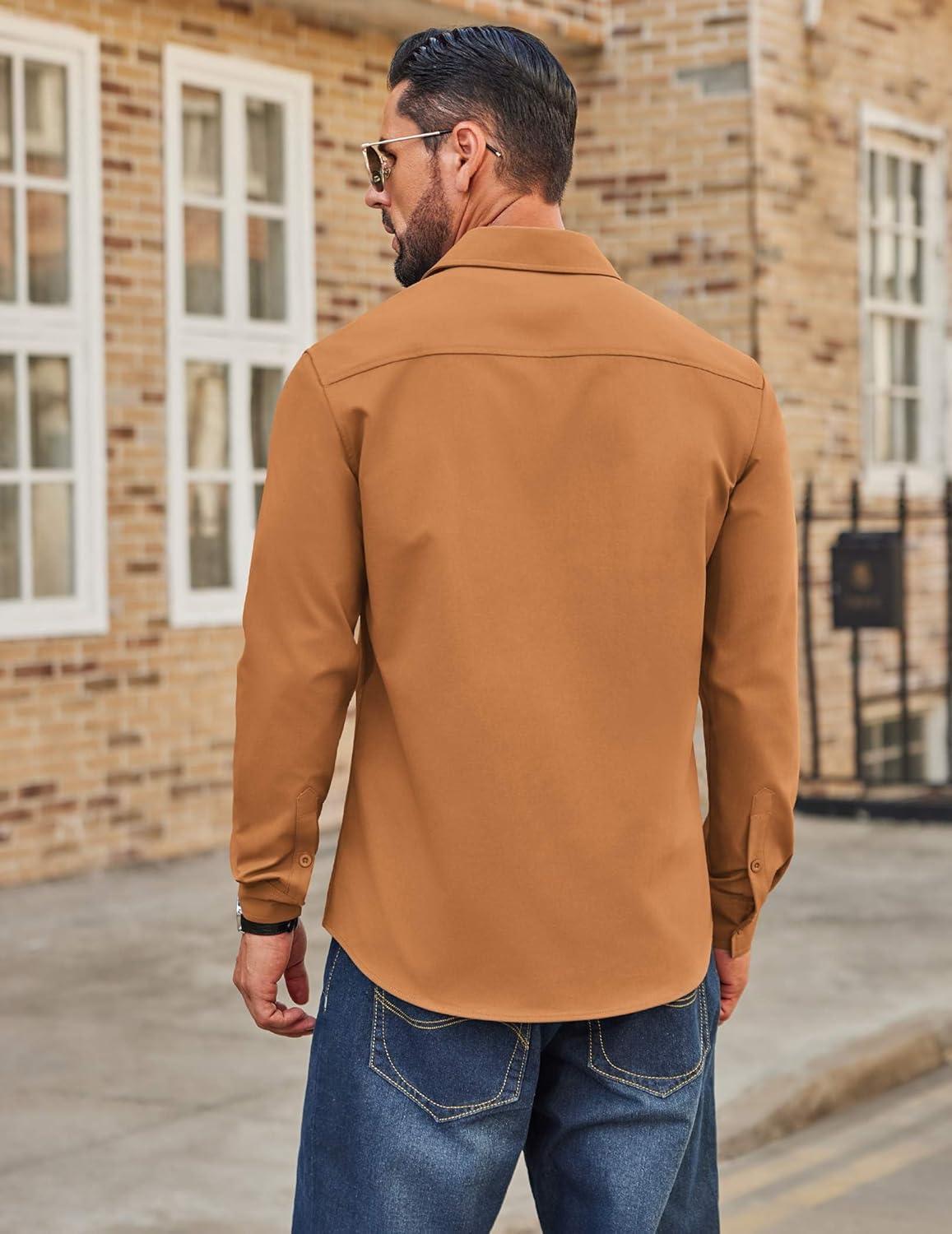 imageCOOFANDY Mens Casual Button Down Work Shirts Untucked Long Sleeve Woven Shirt with PocketsLight Brown