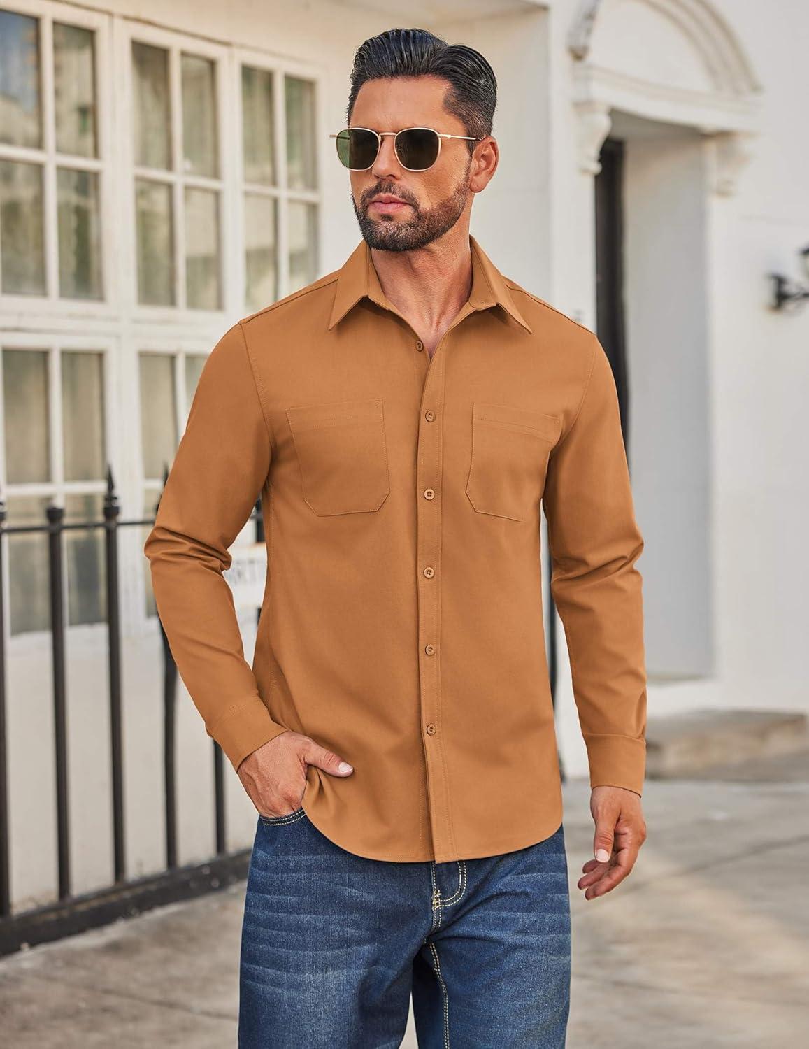 imageCOOFANDY Mens Casual Button Down Work Shirts Untucked Long Sleeve Woven Shirt with PocketsLight Brown
