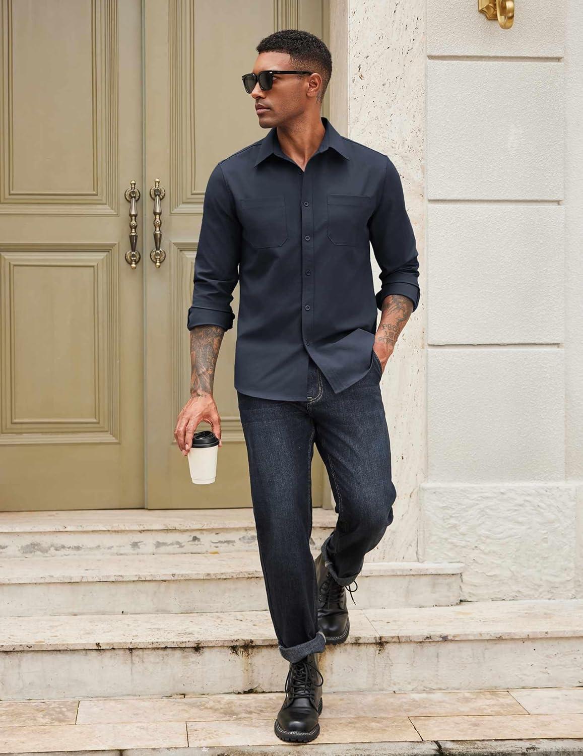 imageCOOFANDY Mens Casual Button Down Work Shirts Untucked Long Sleeve Woven Shirt with PocketsNavy Blue