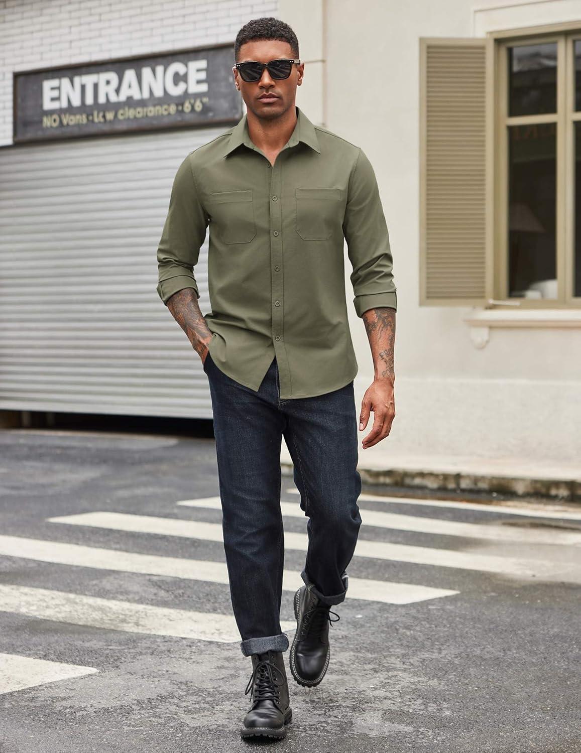 imageCOOFANDY Mens Casual Button Down Work Shirts Untucked Long Sleeve Woven Shirt with PocketsOlive Green