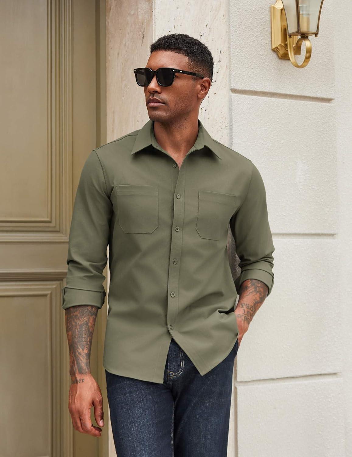 imageCOOFANDY Mens Casual Button Down Work Shirts Untucked Long Sleeve Woven Shirt with PocketsOlive Green