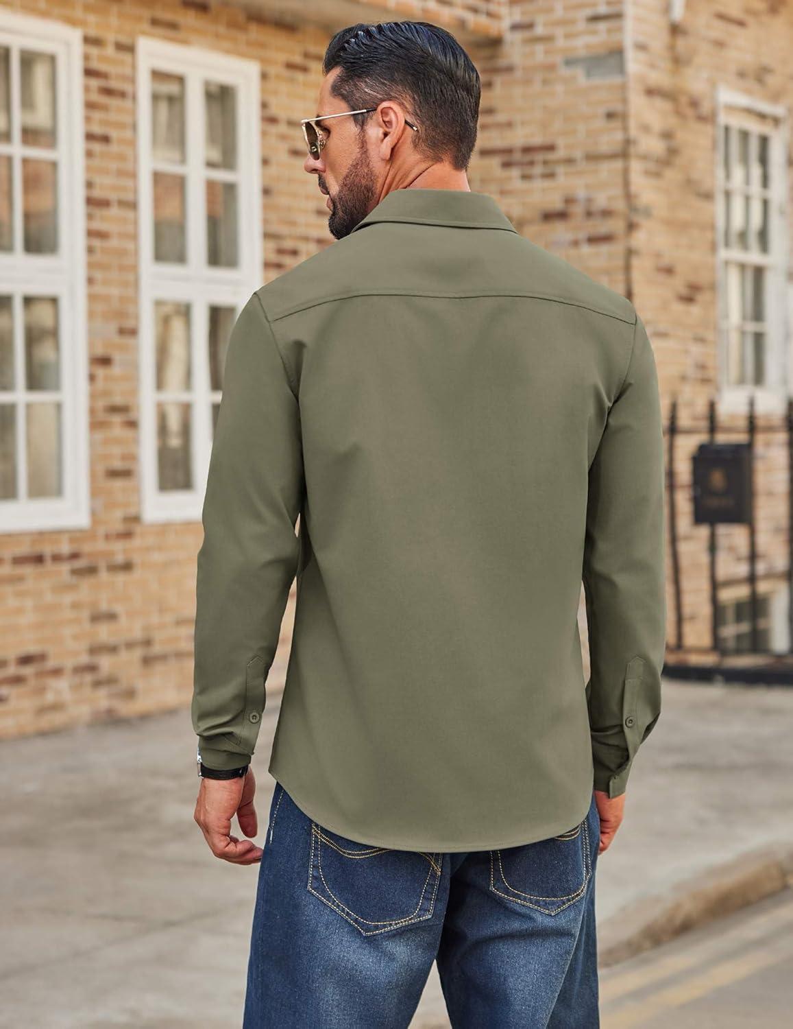 imageCOOFANDY Mens Casual Button Down Work Shirts Untucked Long Sleeve Woven Shirt with PocketsOlive Green