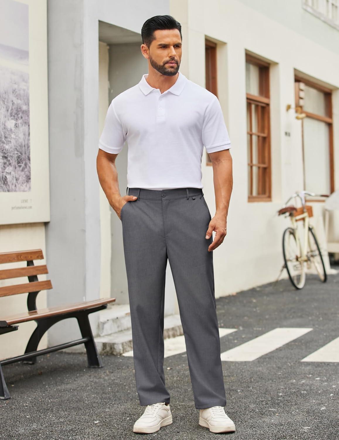 imageCOOFANDY Mens Casual Chino Pants Classic Fit Lightweight Khaki Trousers Wrinkle Free Stretch Dress SlacksDark Grey