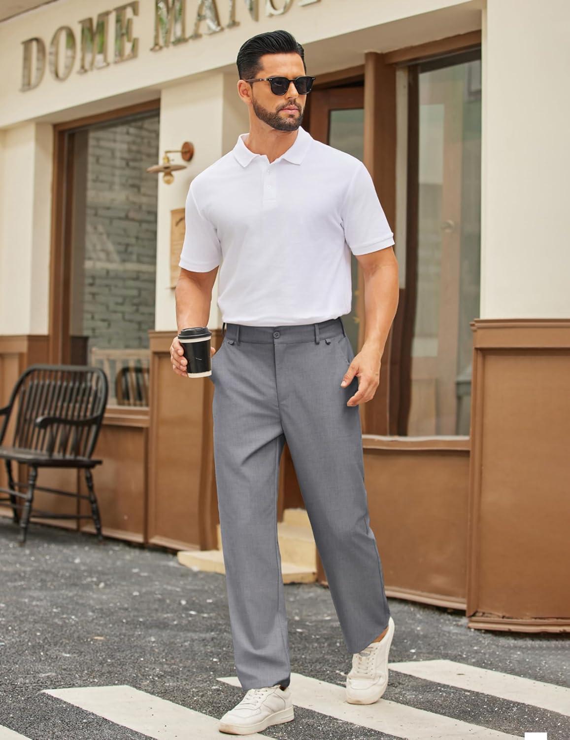 imageCOOFANDY Mens Casual Chino Pants Classic Fit Lightweight Khaki Trousers Wrinkle Free Stretch Dress SlacksLight Grey