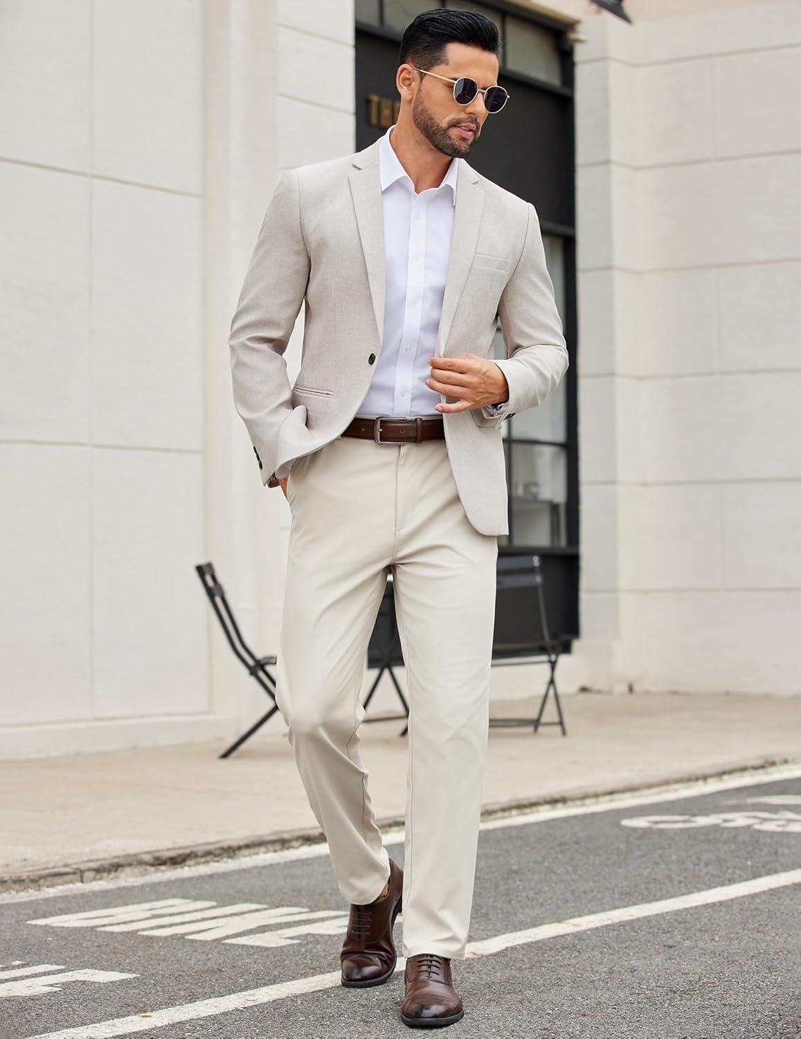 imageCOOFANDY Mens Casual Chino Pants Elastic Waist Lightweight Trousers ClassicFit Business Dress Pants with PocketsBeige