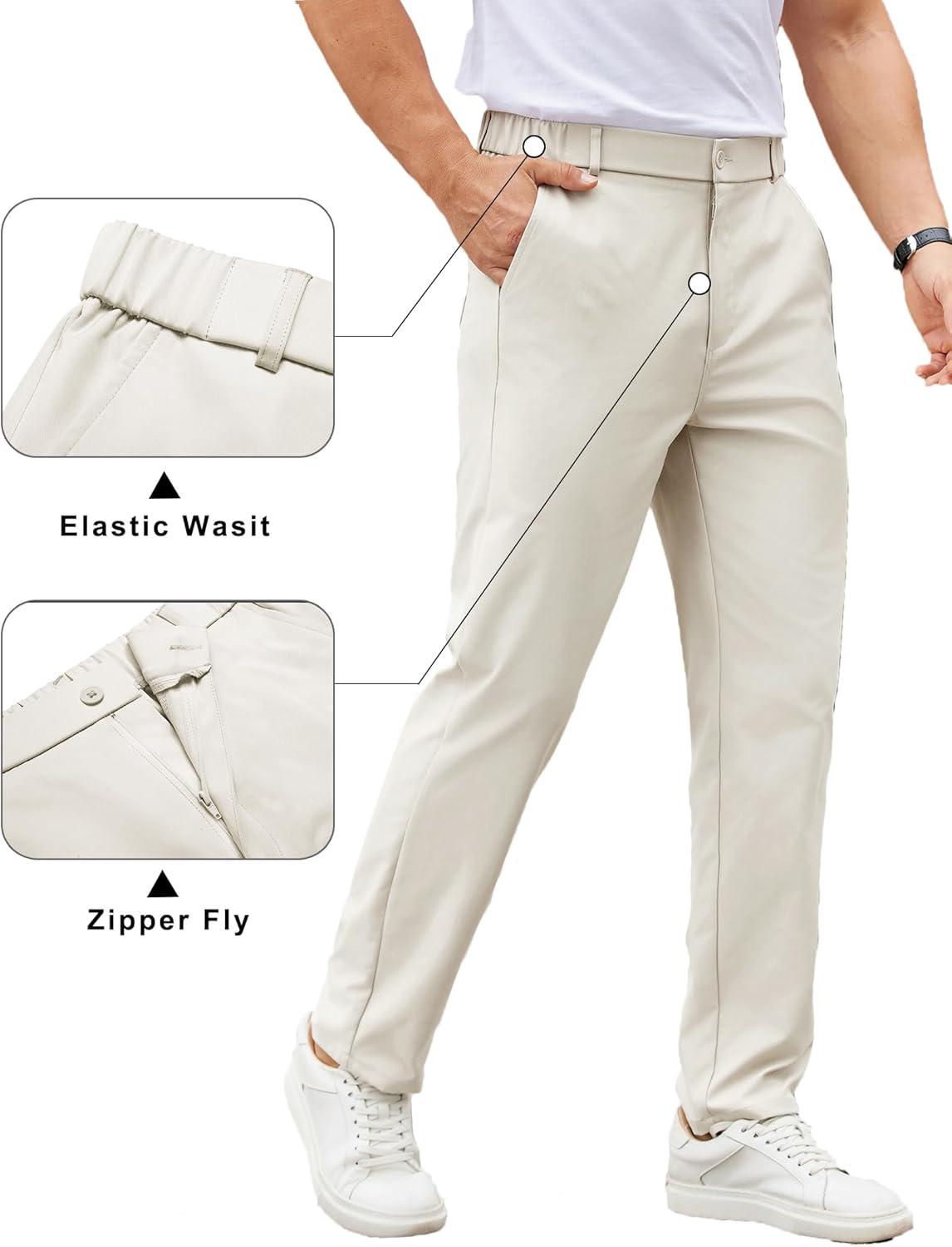 imageCOOFANDY Mens Casual Chino Pants Elastic Waist Lightweight Trousers ClassicFit Business Dress Pants with PocketsBeige