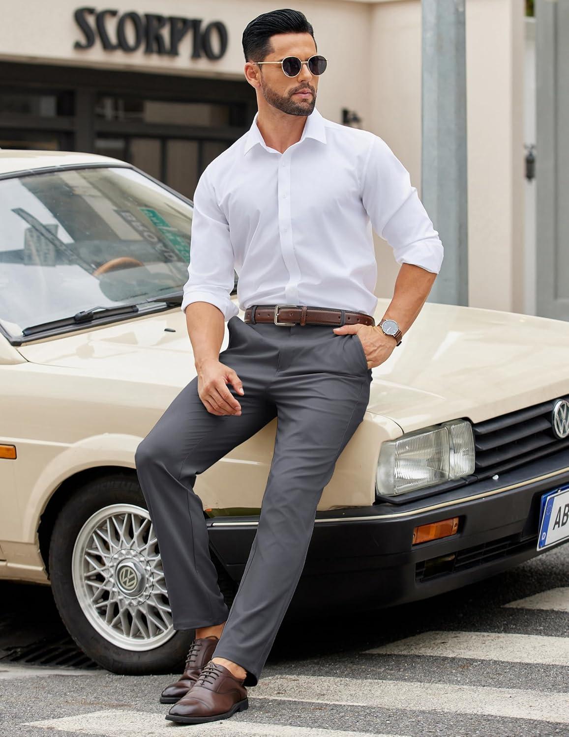 imageCOOFANDY Mens Casual Chino Pants Elastic Waist Lightweight Trousers ClassicFit Business Dress Pants with PocketsDark Grey