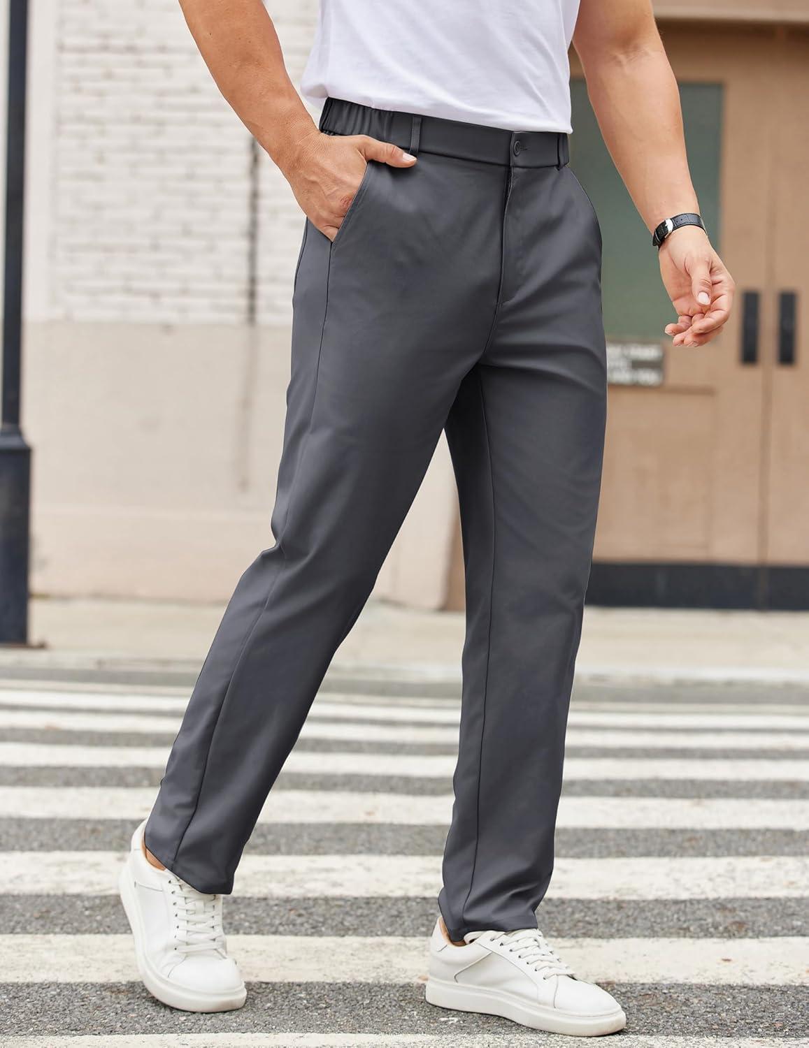 imageCOOFANDY Mens Casual Chino Pants Elastic Waist Lightweight Trousers ClassicFit Business Dress Pants with PocketsDark Grey