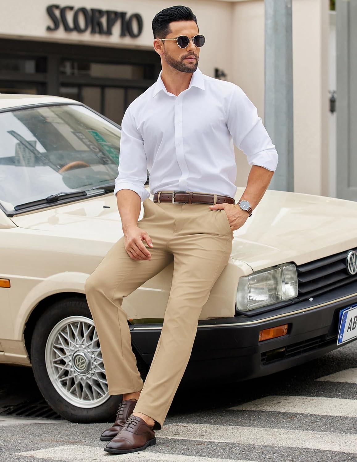 imageCOOFANDY Mens Casual Chino Pants Elastic Waist Lightweight Trousers ClassicFit Business Dress Pants with PocketsKhaki