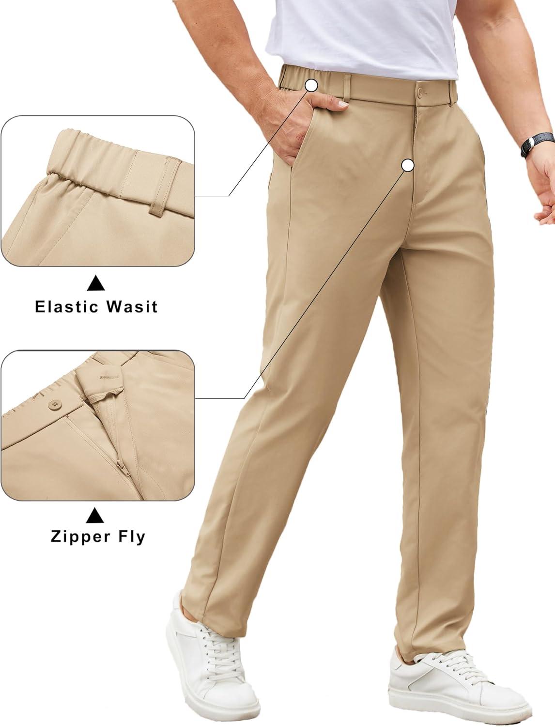 imageCOOFANDY Mens Casual Chino Pants Elastic Waist Lightweight Trousers ClassicFit Business Dress Pants with PocketsKhaki