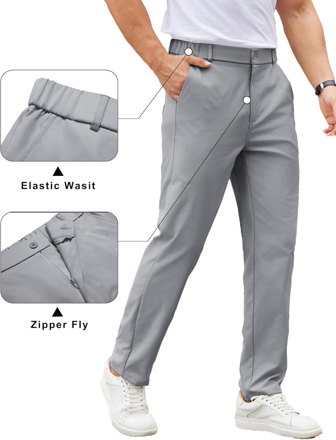 imageCOOFANDY Mens Casual Chino Pants Elastic Waist Lightweight Trousers ClassicFit Business Dress Pants with PocketsLight Grey