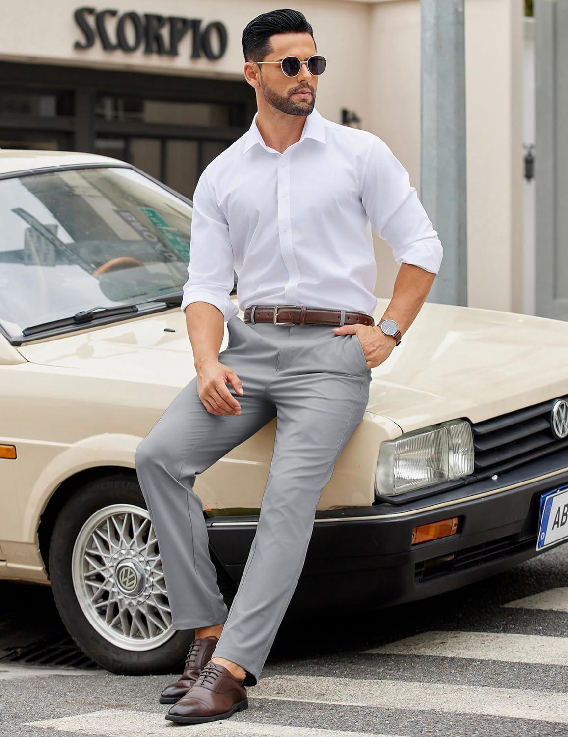 imageCOOFANDY Mens Casual Chino Pants Elastic Waist Lightweight Trousers ClassicFit Business Dress Pants with PocketsLight Grey