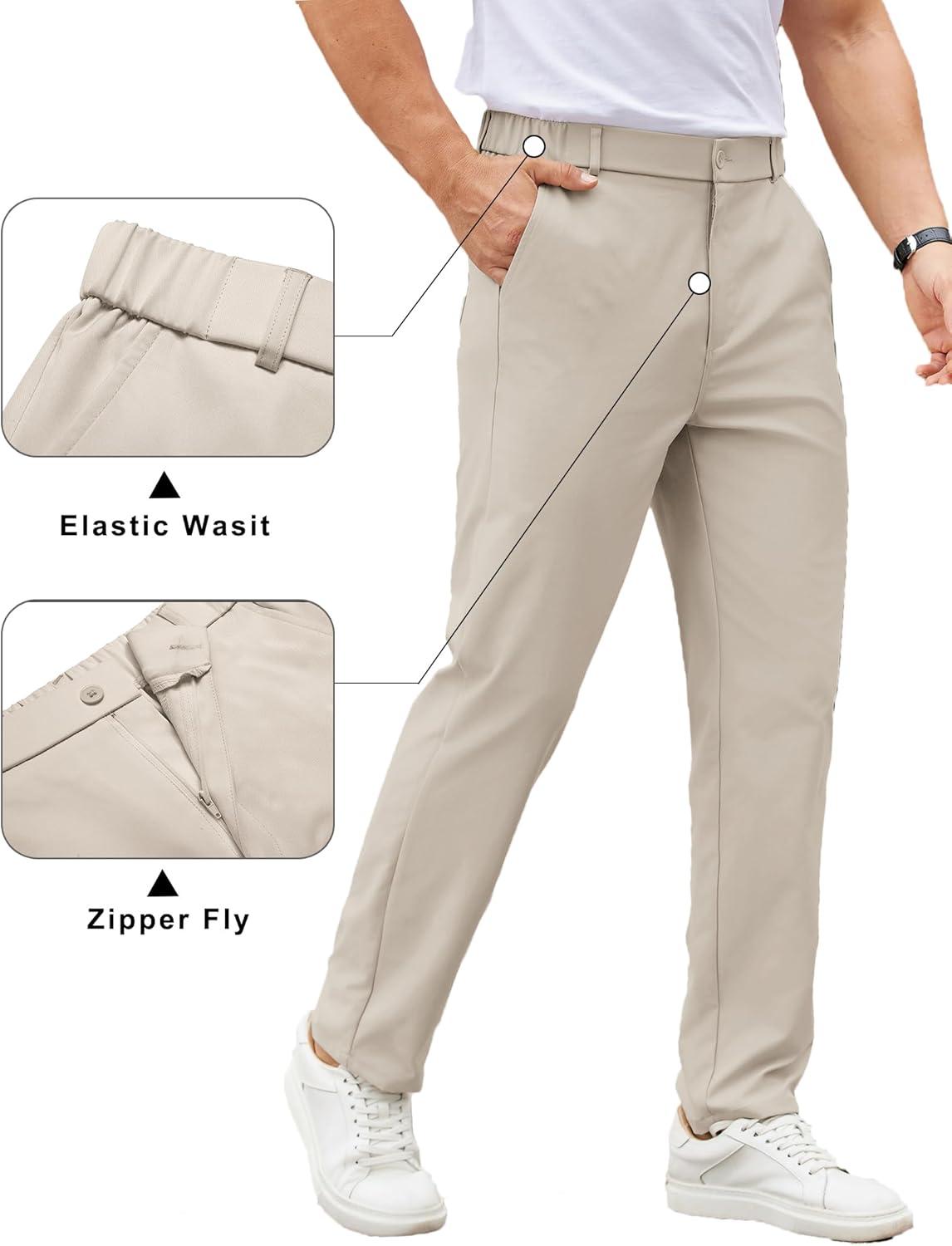 imageCOOFANDY Mens Casual Chino Pants Elastic Waist Lightweight Trousers ClassicFit Business Dress Pants with PocketsLight Khaki