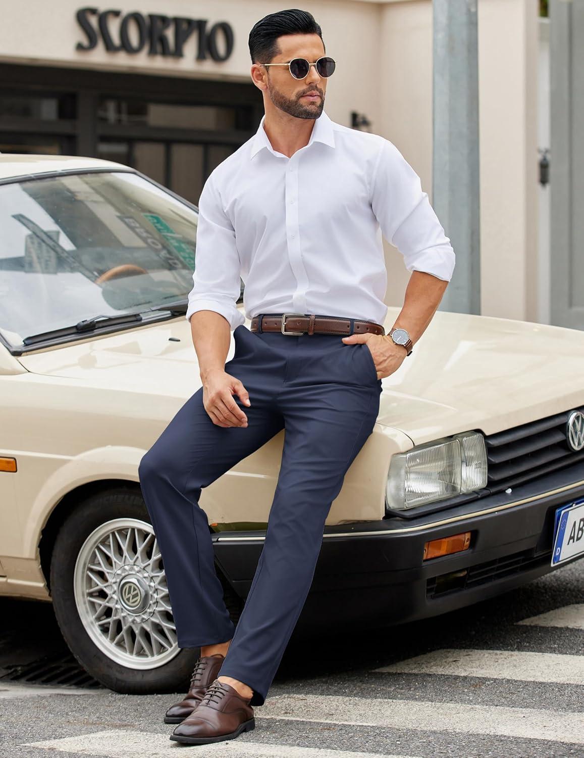 imageCOOFANDY Mens Casual Chino Pants Elastic Waist Lightweight Trousers ClassicFit Business Dress Pants with PocketsNavy Blue