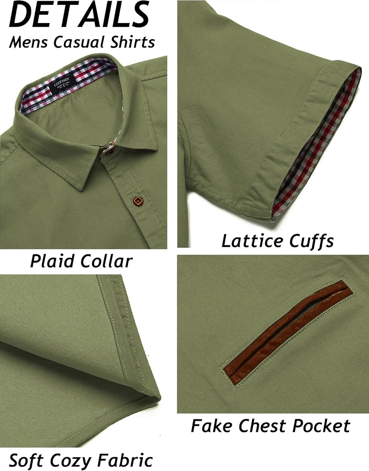 imageCOOFANDY Mens Casual Cotton Short Sleeve Button Down Dress Shirt Plaid Collar Denim Work ShirtsA  Army Green  No Pocket